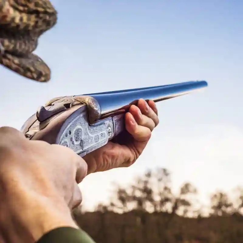 Hunter holding a shotgun up, aiming to fire.
