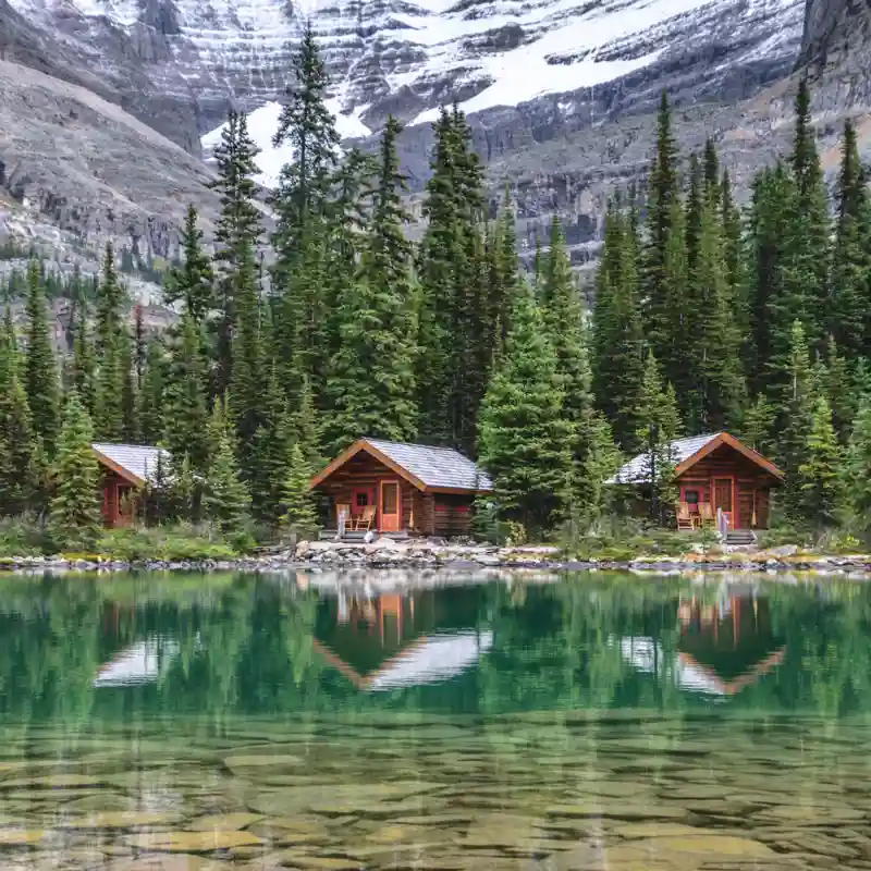 Two wood cabins on lake with pine trees in the background.